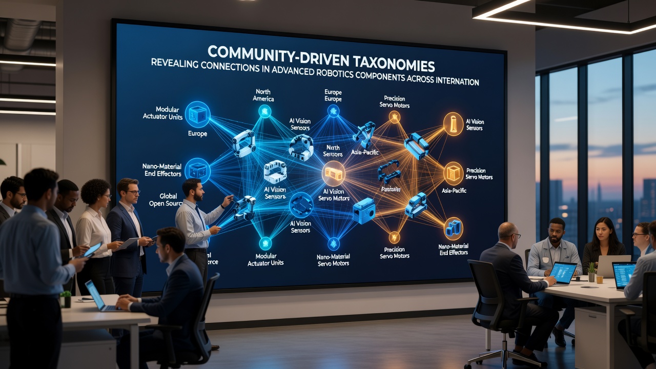 International lab researchers reviewing shared robotics component taxonomy charts