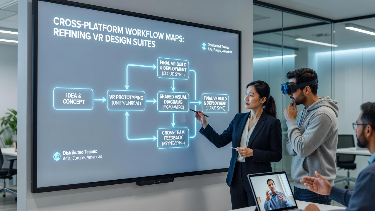 Visual workflow diagram showing interconnected VR design elements across distributed team interfaces