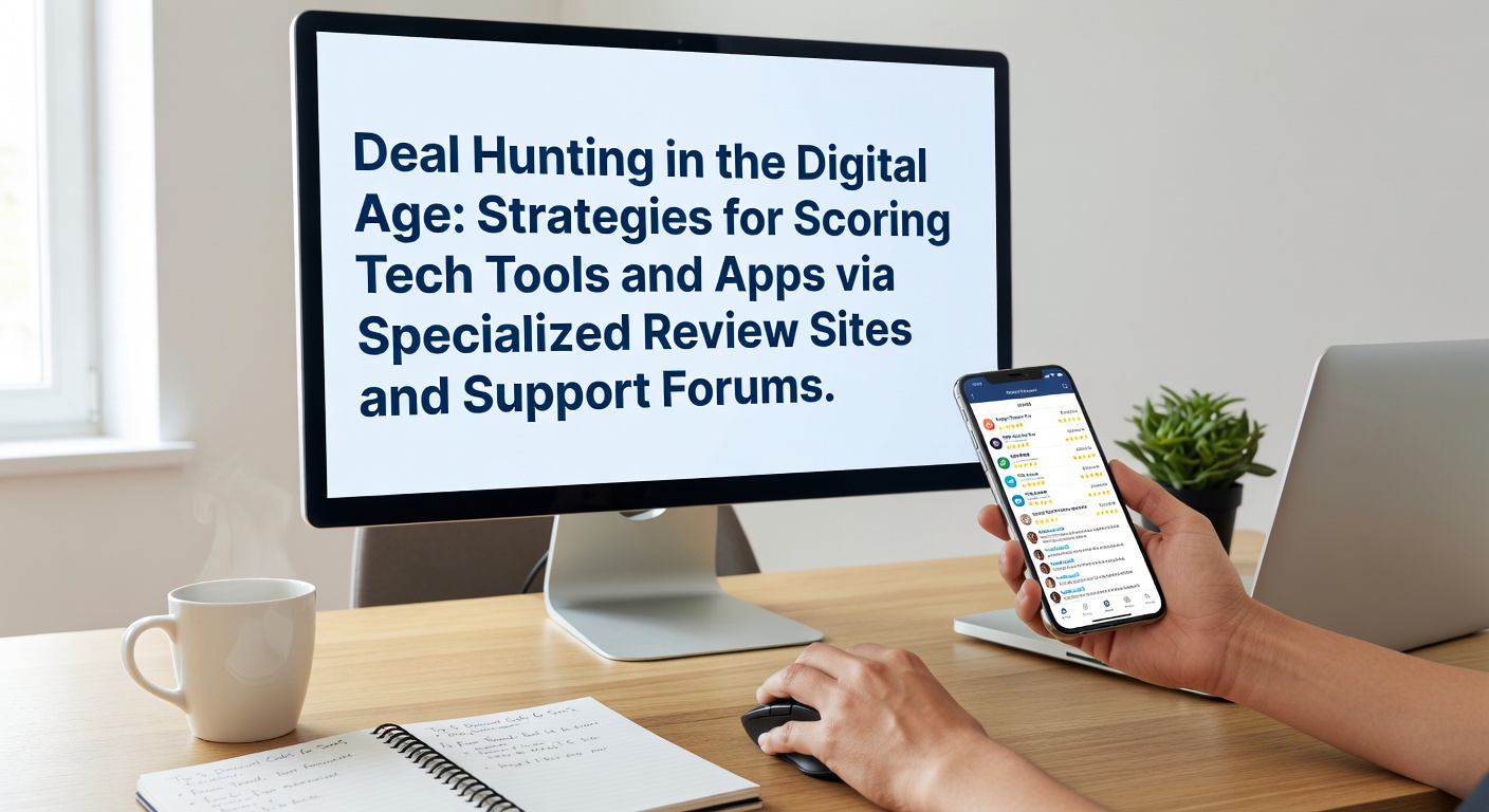 Tech enthusiasts comparing deals on specialized review sites and forums during a digital shopping session