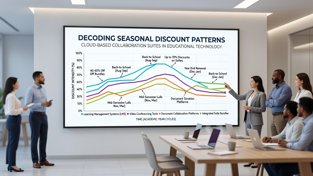 Team analyzing seasonal pricing data for education cloud tools on shared workspace screens