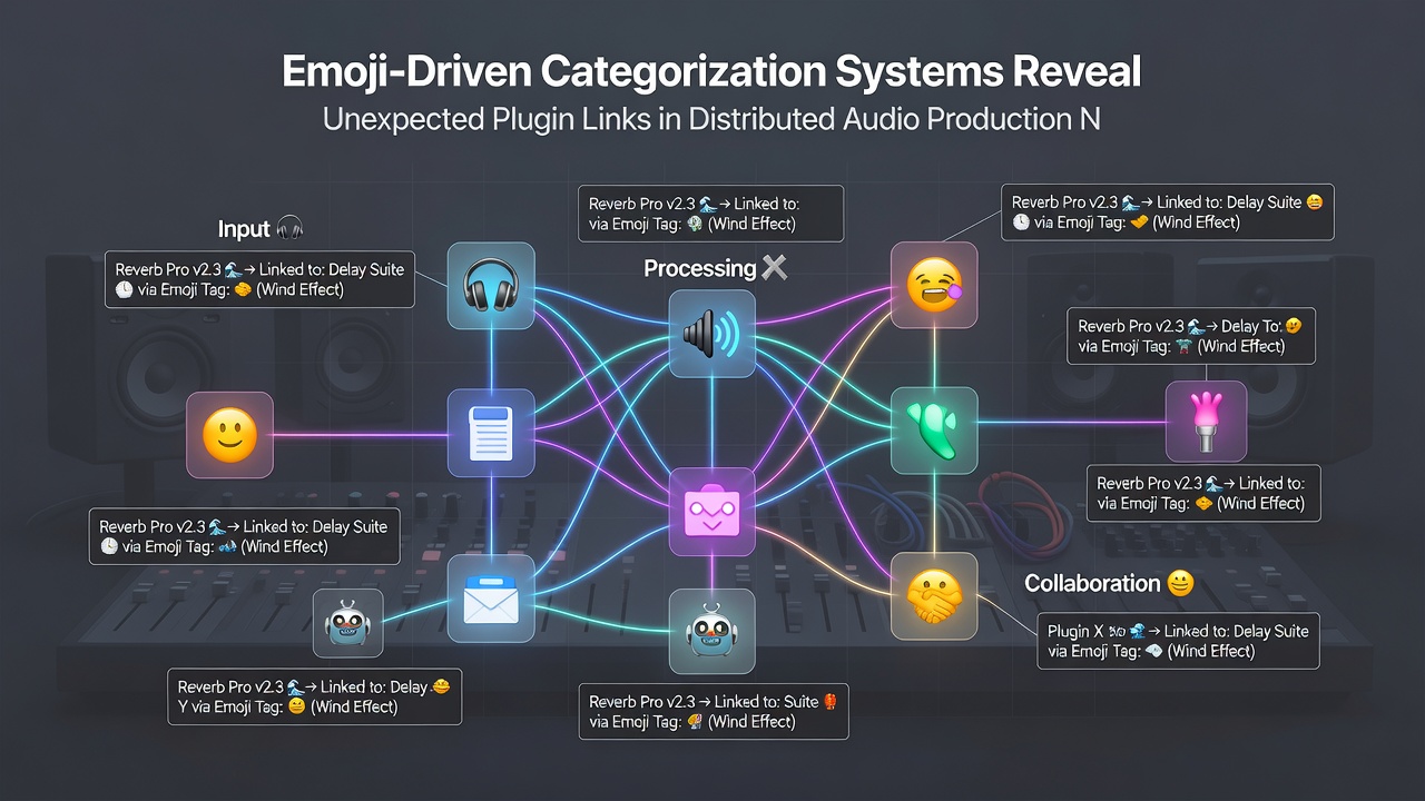 Network diagram showing emoji-tagged plugin connections in collaborative audio sessions