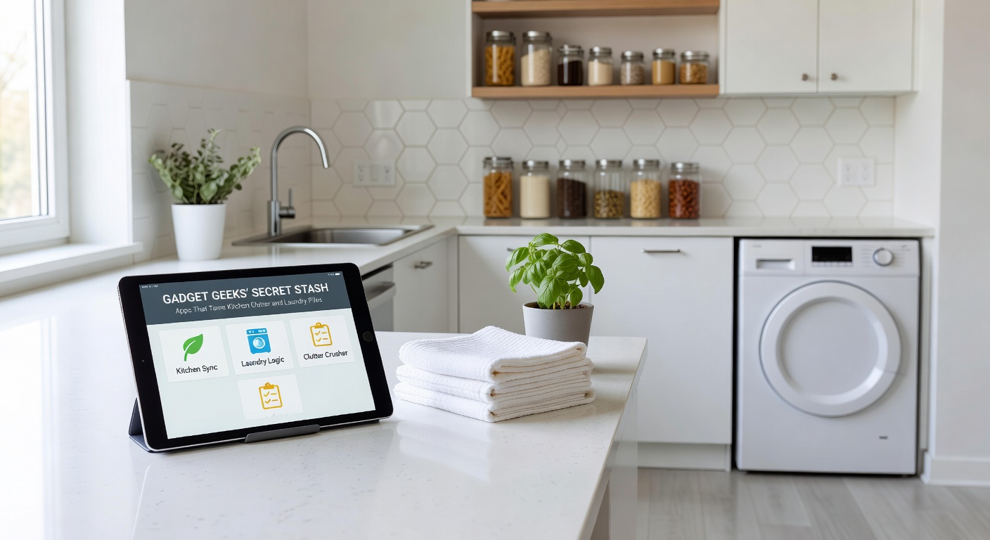 App interface showing laundry sorting categories, cycle timers, and family-shared task reminders on a tablet screen