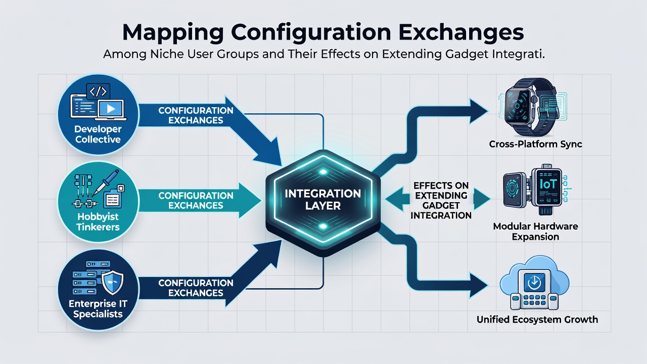 Diagram showing data flows between exchanged configurations, niche groups, and extended gadget functionality in productivity systems