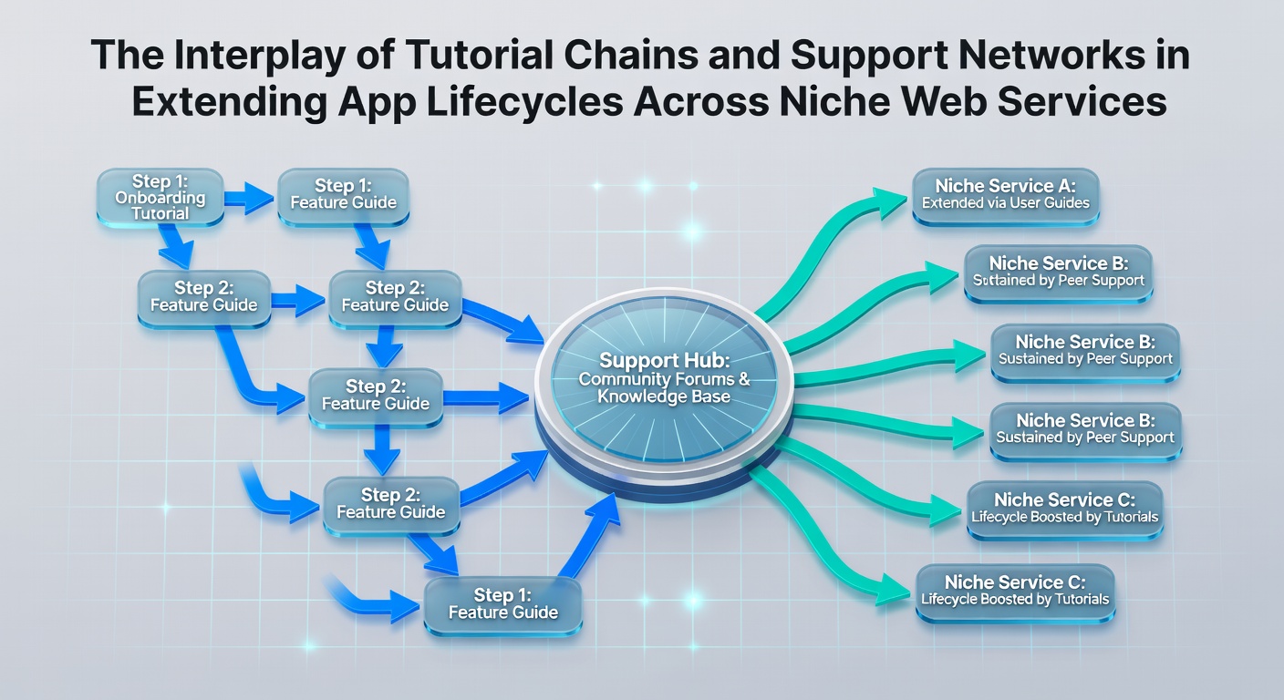 Illustration showing interconnected tutorial sequences and community support icons for niche web applications