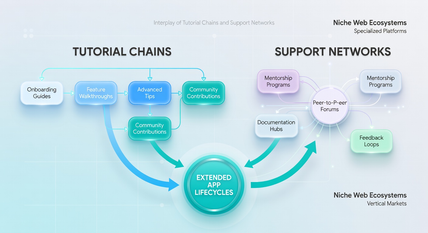 Diagram depicting how tutorial modules feed into community discussions and back again for niche web tools
