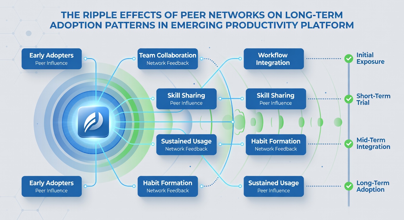 Graph depicting adoption curves and retention rates influenced by peer network density in productivity tools