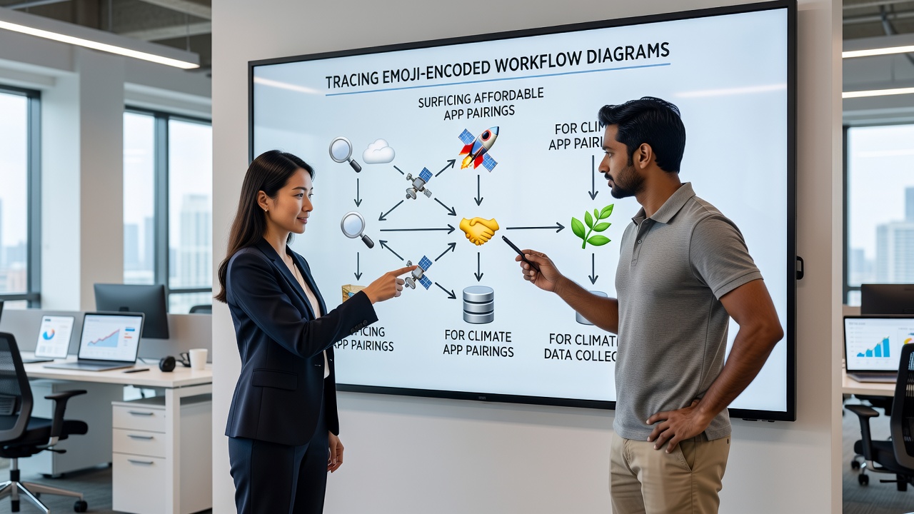 Distributed team reviewing emoji workflow diagrams for sensor app integrations